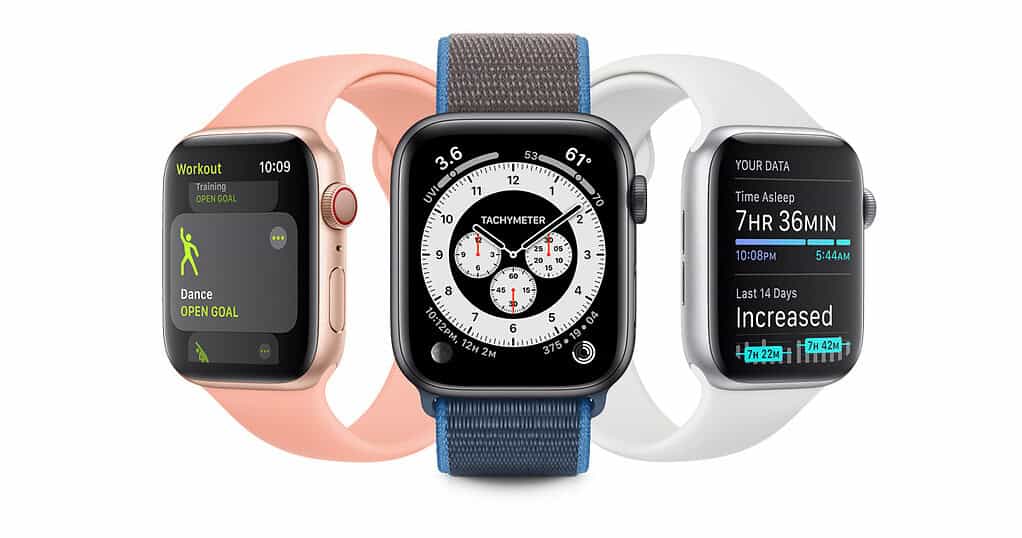 Three Apple Watches showing workout, tachymeter, and sleep tracking features on colorful bands.