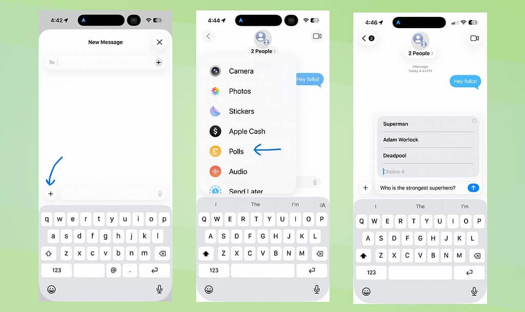 Screenshots einer Nachrichten-App, die zeigen, wie man eine Umfrage erstellt. Optionen umfassen Superhelden mit einer Frage nach dem stärksten. 
