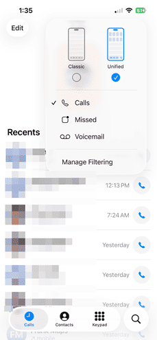 The Filter options in the Call tab on iPhone