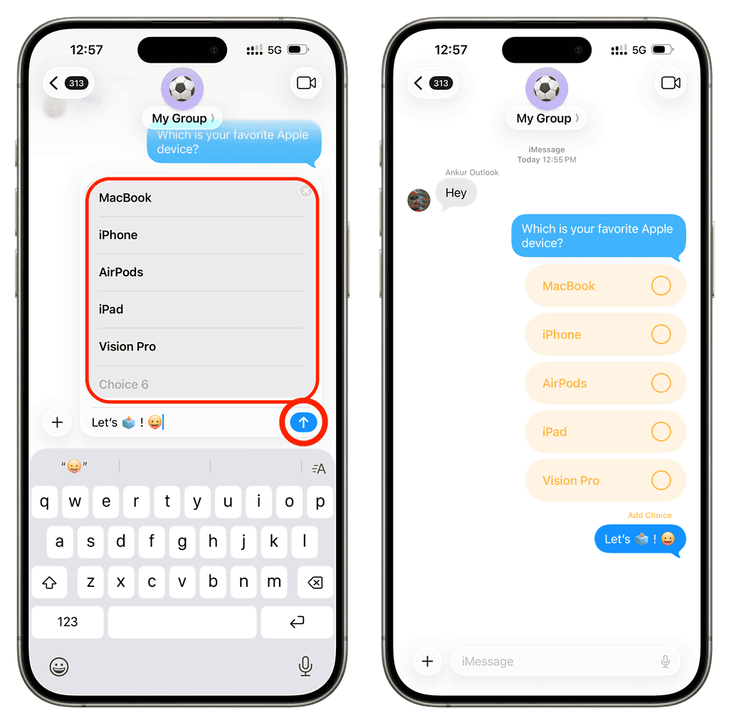 Ein Screenshot eines Gruppenchats, der Lieblings-Apple-Geräte bespricht, mit Optionen wie MacBook und iPhone und einem Nachrichtenfeld darunter.