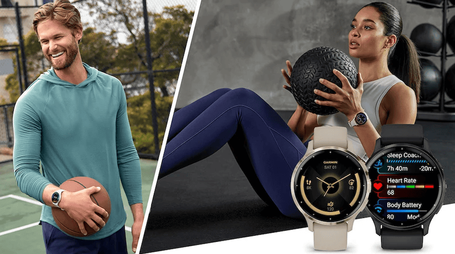 A man in a teal hoodie holds a basketball on a court, while a woman in workout gear engages with a weighted ball, showcasing fitness watches.