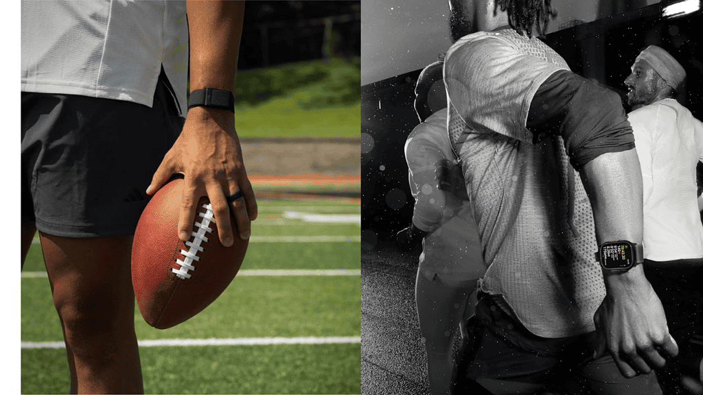 A split image showcasing two athletes wearing smartwatches: on the left, a person in a white shirt and dark shorts holds an American football on a sunlit green field; on the right, a black-and-white shot captures a runner mid-stride, sweat flying, with their watch screen displaying workout metrics. Both scenes highlight performance tracking during active sports.