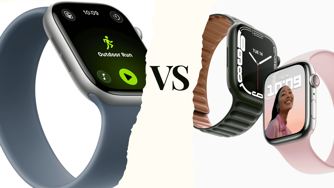 Apple Watch comparison: one showing “Outdoor Run” vs. two others with analog and photo watch faces.