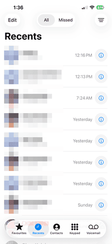 The Recents tab on iPhone