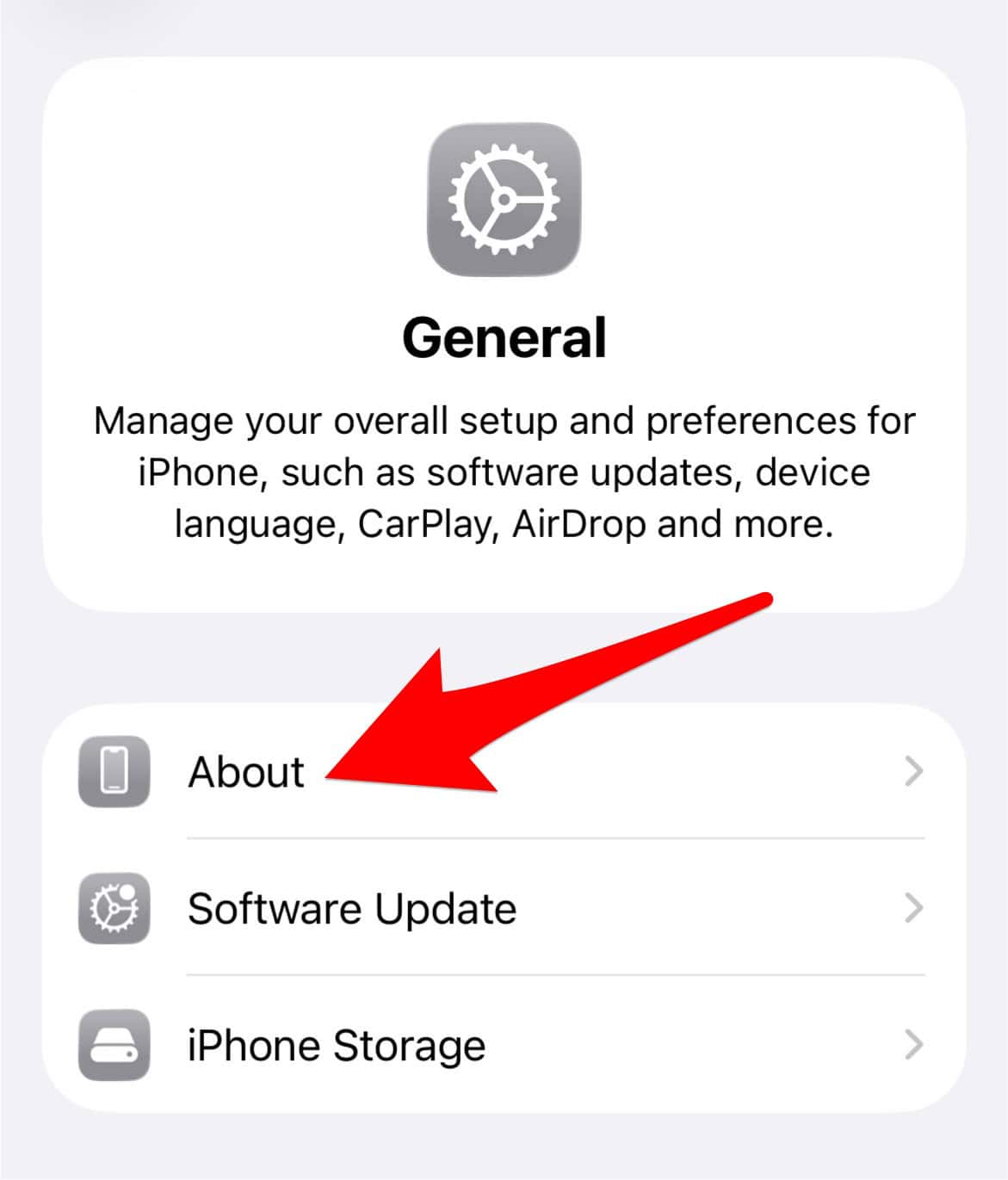 The About option in iPhone settings