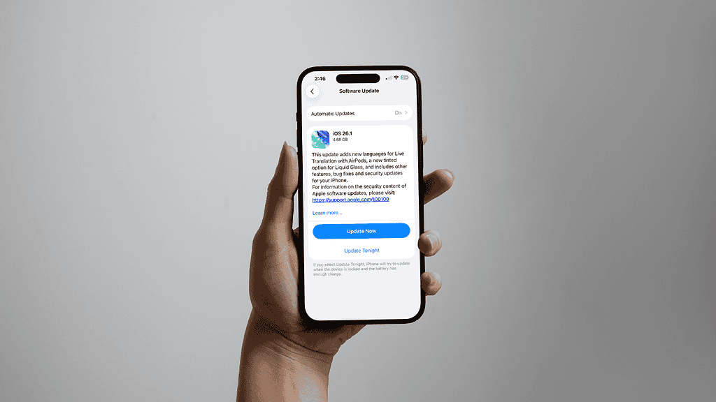 The iOS 26.1 update on an iPhone