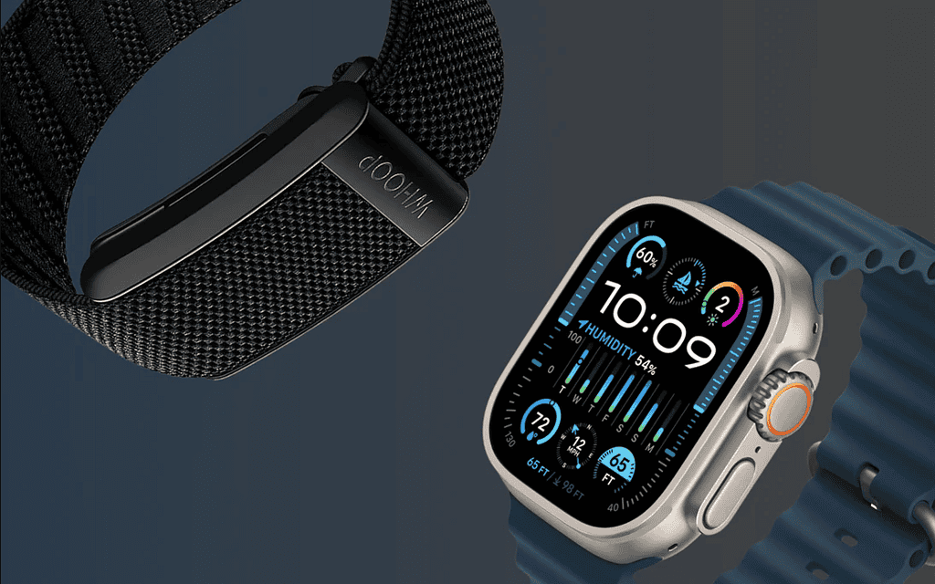 Close-up view of a Whoop fitness band and an Apple Watch Ultra, highlighting their designs and display features against a dark background.
