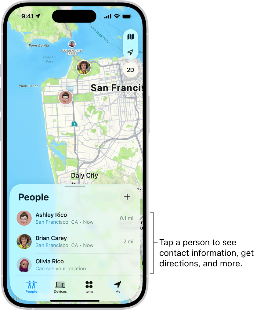 Een smartphone toont een kaart van San Francisco met locatiemarkeringen en een lijst van contacten in de buurt, met hun afstanden.