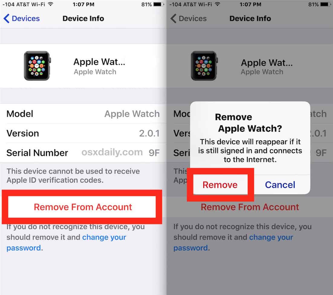 apple watch Remove from Account
