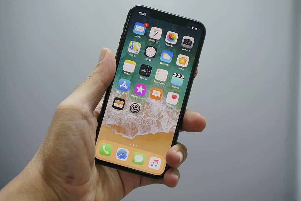 A person holding an iPhone displaying the home screen with various app icons, against a blurred background.
