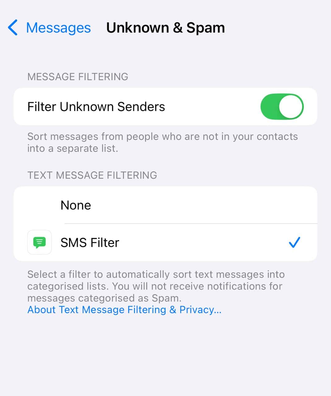 filter unknown senders