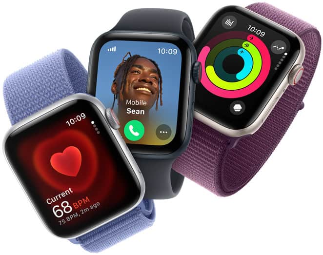 Three Apple Watches showing health and communication features: heart rate, incoming call, and activity rings.