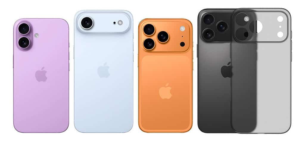 Vista posterior de todos los modelos de iPhone 17, Standard, Air, Pro y Pro Max, alineados para mostrar diferentes diseños de cámara.
