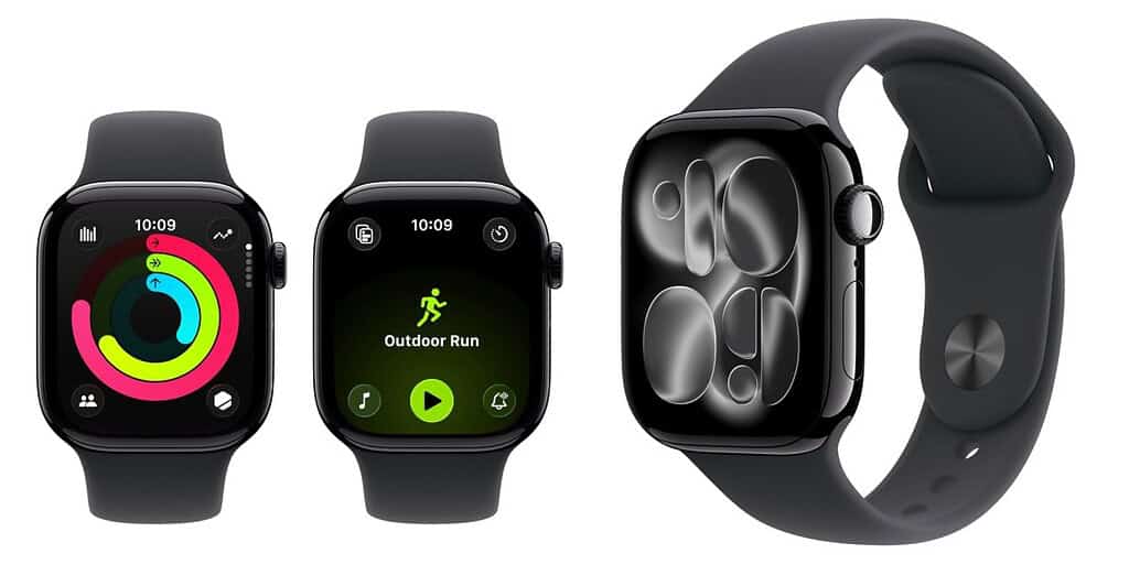Three views of a black smartwatch displaying fitness tracking features, including activity rings and an outdoor run option.