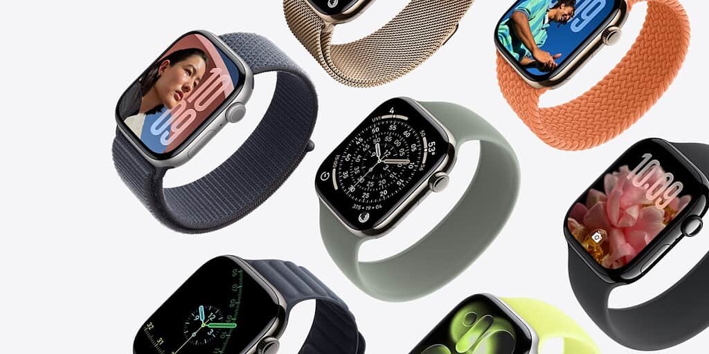 A dynamic collage of multiple Apple Watches in varied colors and bands, each showcasing different watch faces.