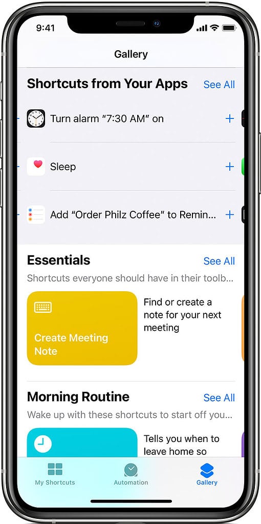 Screenshot of a smartphone displaying the Shortcuts app, showcasing options like setting alarms, sleep tracking, and creating meeting notes.