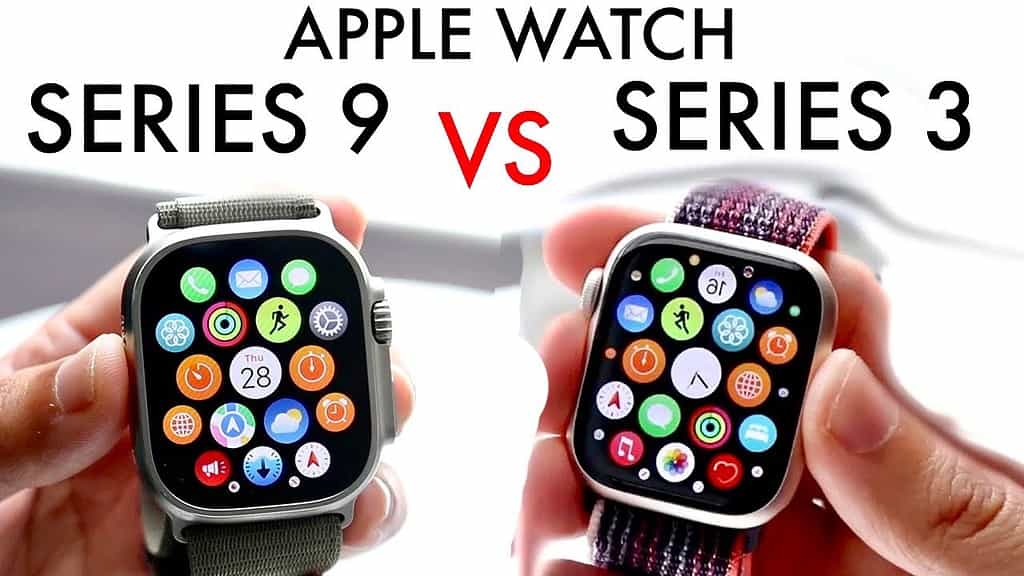 A comparison graphic titled “APPLE WATCH SERIES 9 VS SERIES 3” showing two hands holding respective models, both displaying their home screens with app icons, highlighting design similarities and differences.