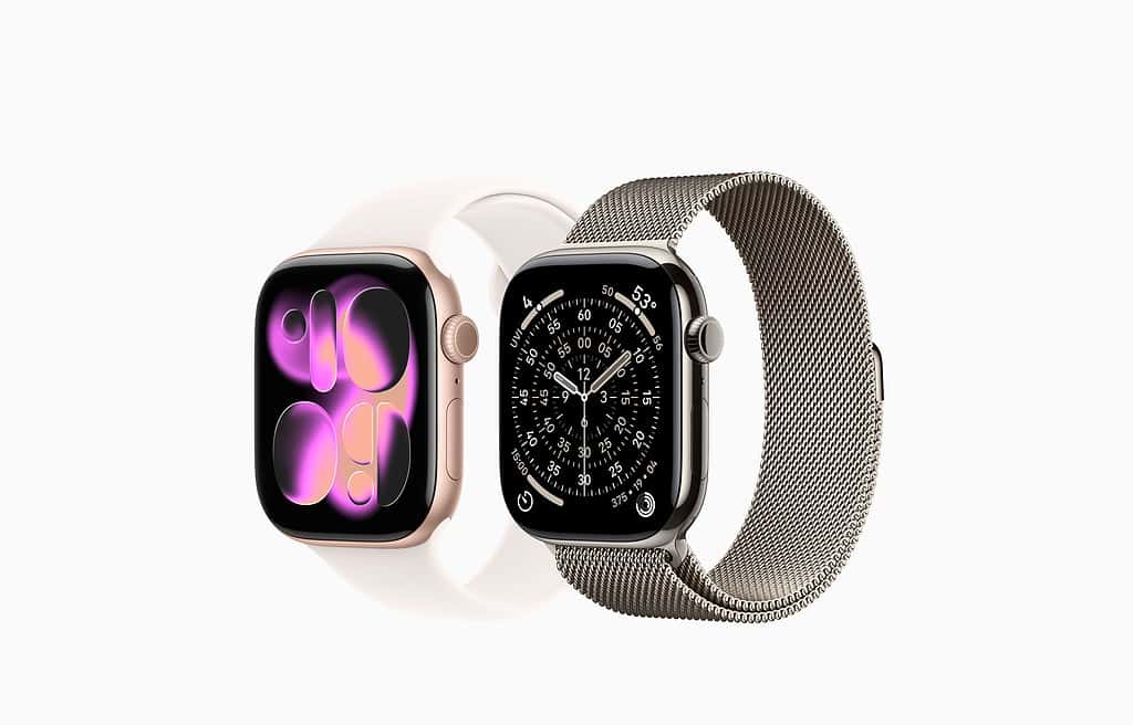 Two Apple Watches side by side: one rose gold with a white band and abstract face, the other stainless steel with a Milanese loop and analog chronograph face.