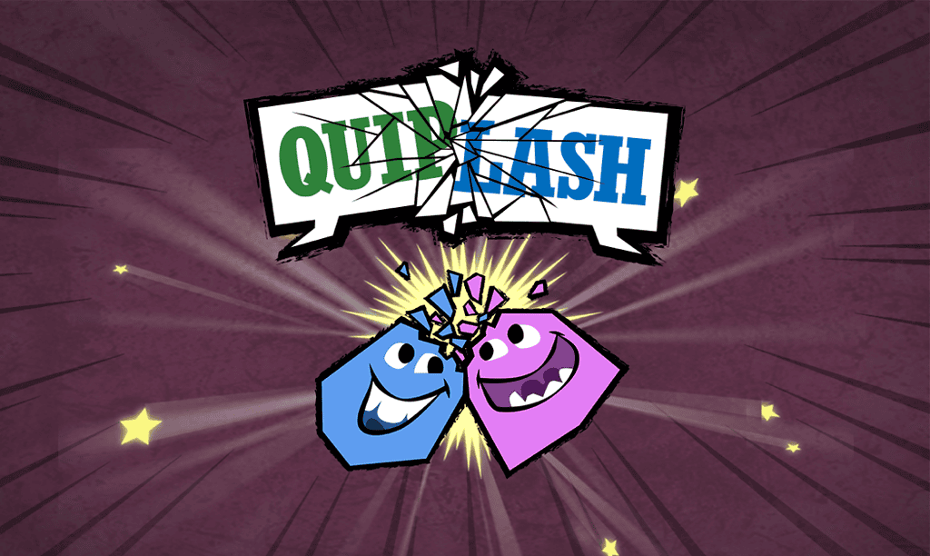 Quiplash logo with two smiling cartoon characters (blue and purple) clashing joyfully beneath the shattered speech bubble, against a dynamic purple starburst background.