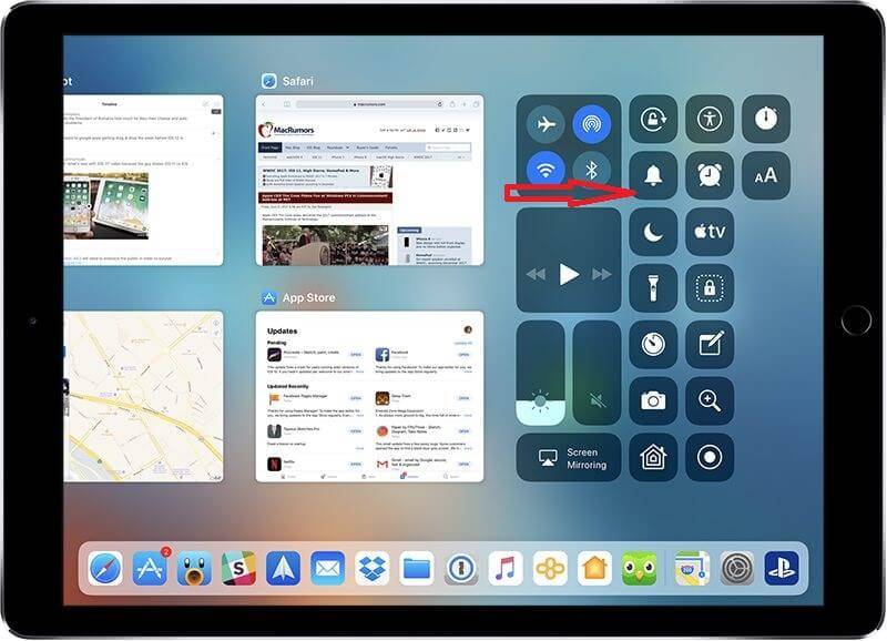 iPad Control Center showing multitasking view with Safari and App Store windows, red arrow points to the Wi-Fi icon, highlighting connectivity settings.