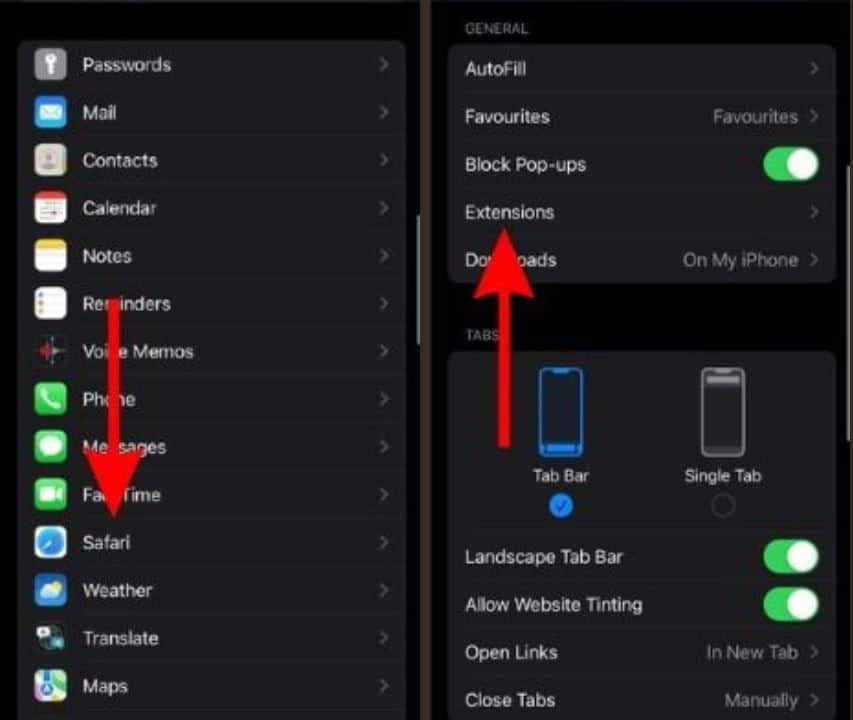 Two iPhone Settings screenshots: left shows “Safari” in the menu; right highlights “Tabs” section under General, with “Tab Bar” selected.