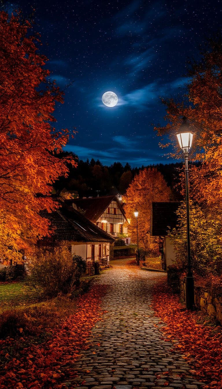 Moonlit Autumn Path Wallpaper