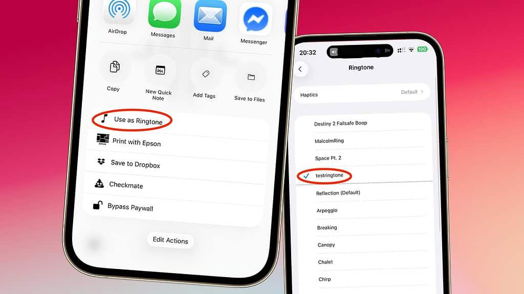 Two iPhones side by side: left shows “Use as Ringtone” in share sheet; right displays Ringtone settings with “testringtone” selected, demonstrating ringtone assignment.