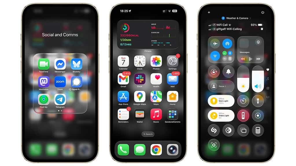 Three iPhones side by side showcasing iOS 26 features: left shows Social & Comms app folder, center displays home screen with widgets, right shows Control Center with WiFi Calling and Focus controls.
