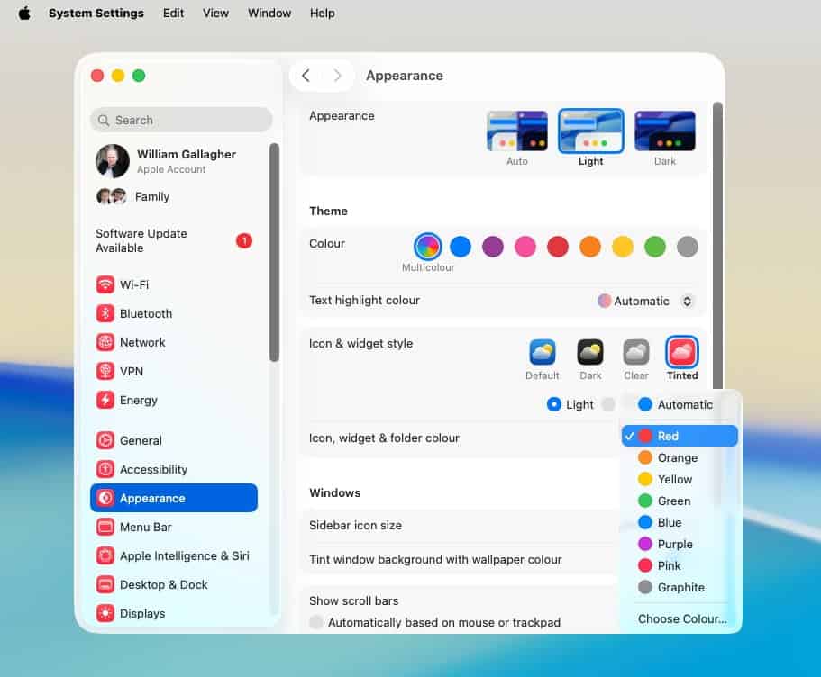 macOS System Settings > Appearance panel, showing theme options (Auto, Light, Dark), color picker, and “Tinted” icon style selected with red accent color highlighted.