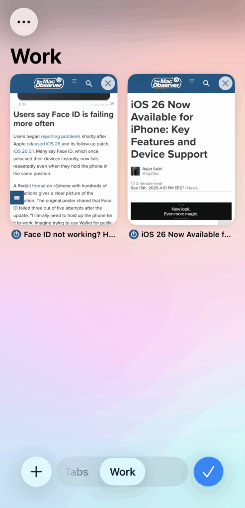 A tab group in Safari on iPhone
