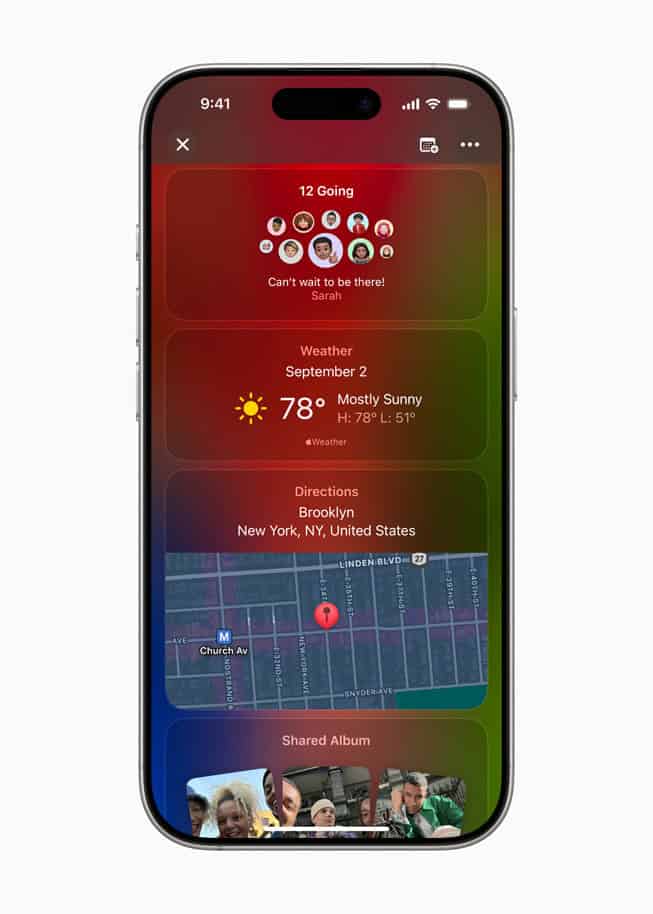 A smartphone screen displays an event with 12 attendees, weather info, directions to Brooklyn, and a shared album with photos.
