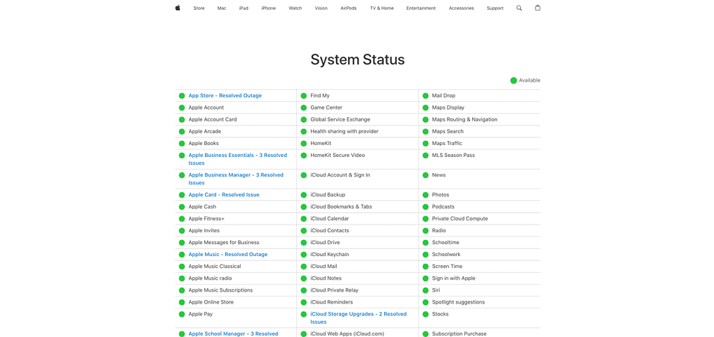 Apple System Status page