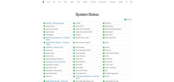 Apple System Status page