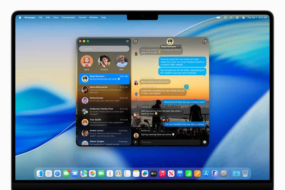 Messages app on macOS Tahoe, displaying conversation threads in a sidebar and active chat window with group messages, set against a blue gradient wallpaper.