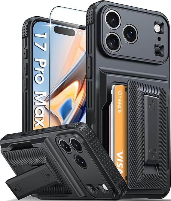 An iPhone 17 Pro Max in a Oneagle Flexible Kickstand Wallet Case