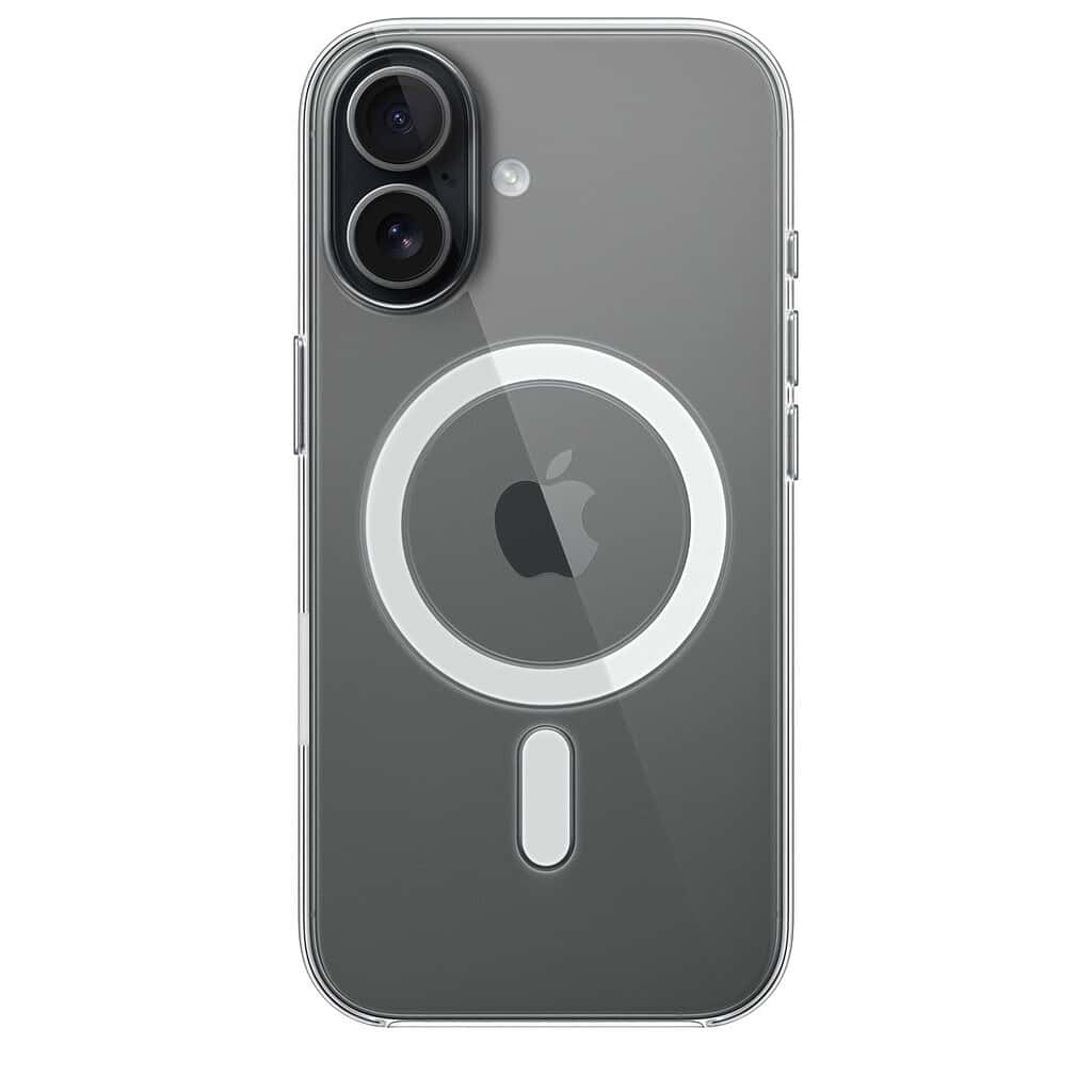 An iPhone 17 in an Apple Clear Case with MagSafe