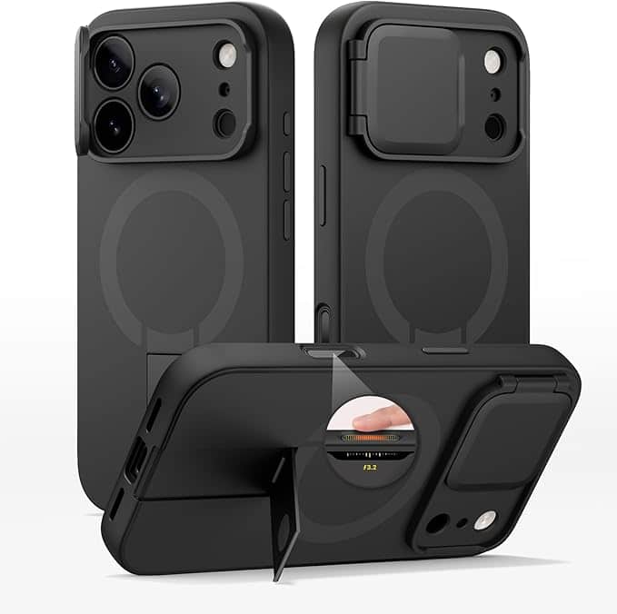 An iPhone 17 Pro Max in a SURITCH Clear Case with Camera Cover