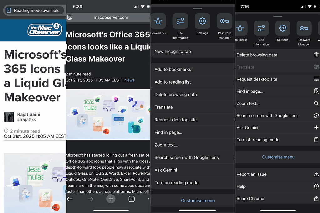 Chrome for iOS Page Tools menu showing Reading Mode alongside Ask Gemini, with options to turn the feature on or off during reading.