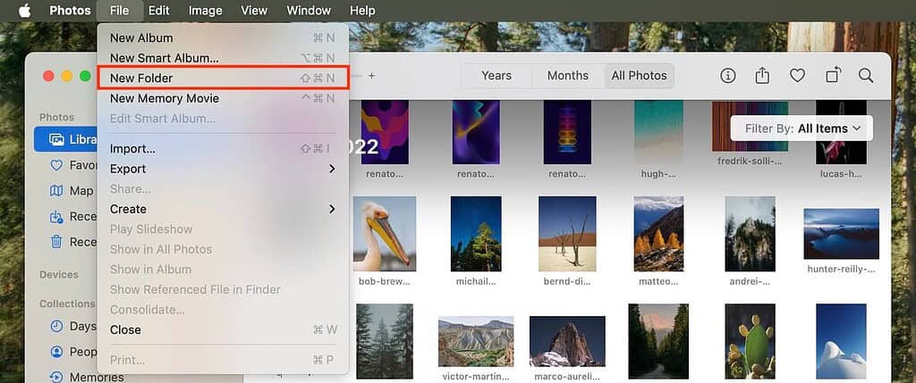 macOS Photos app with the File menu open, “New Folder” is highlighted in red, showing photo thumbnails in the background.