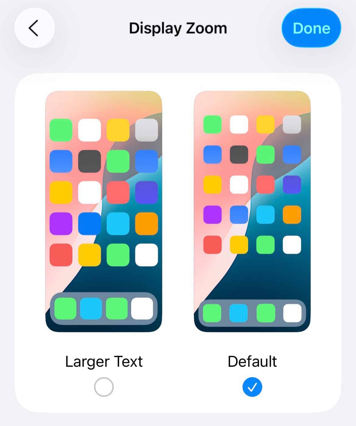 Default option in the Display Zoom settings on iPhone