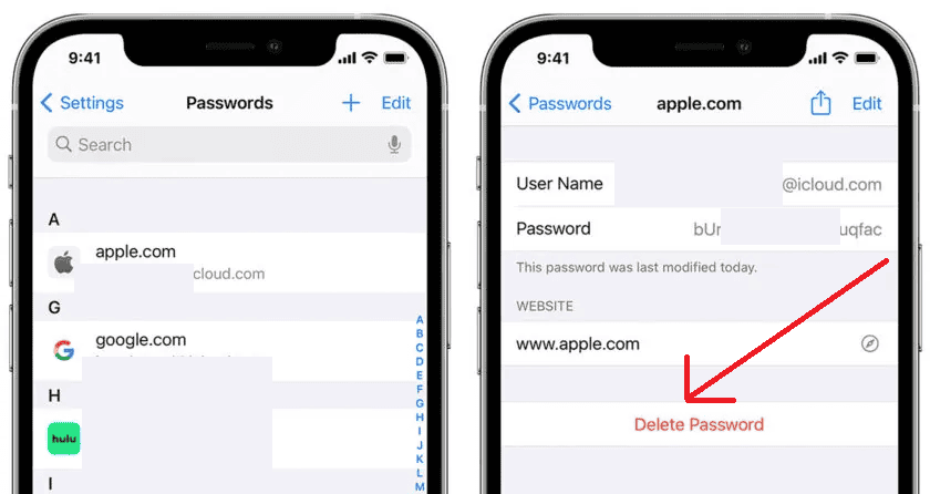 Delete saved password username iPhone iPad