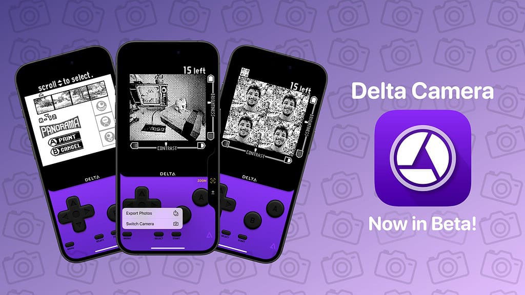 Drie iPhones die de retro Game Boy-stijl foto-interface van Delta Camera tonen, met "Delta Camera Nu in Beta!" en het paarse camera-icoon op een gepatroneerde achtergrond.
