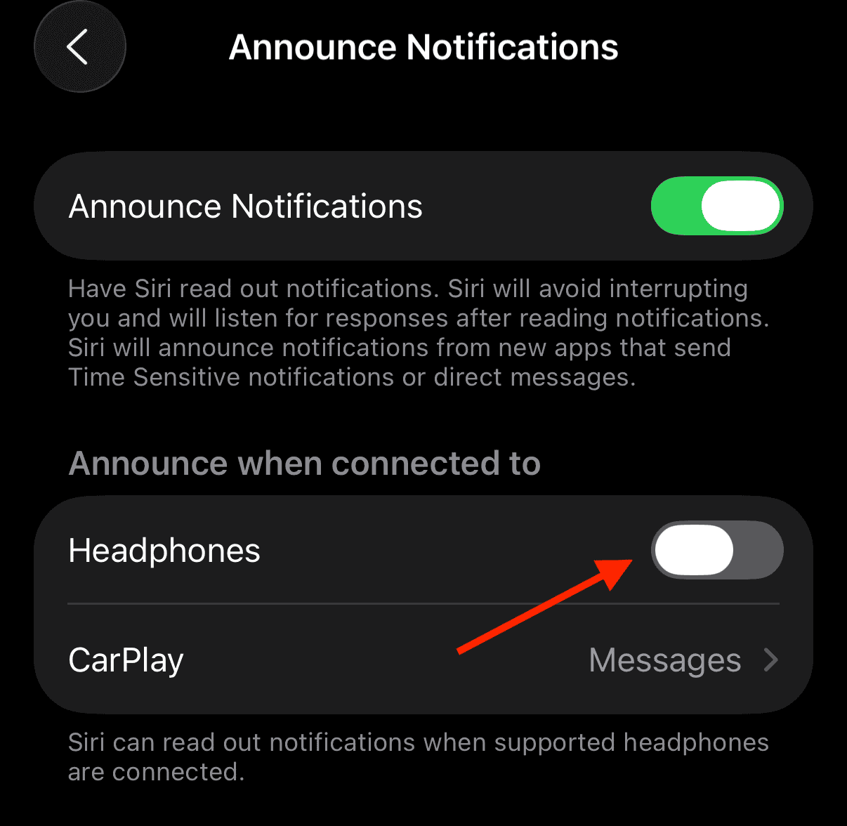 Turn off Headphones Announce Notifications