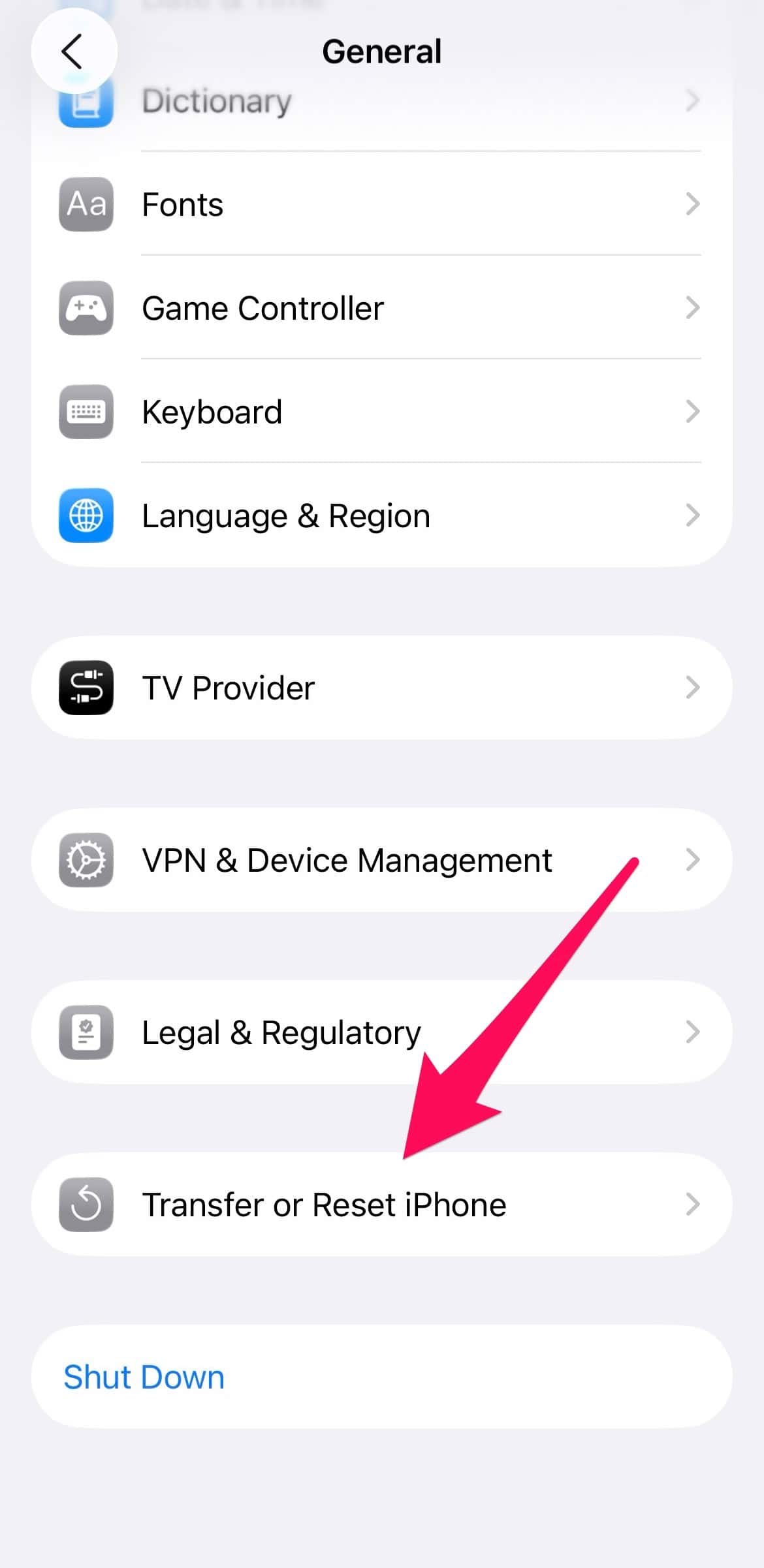 The “Transfer or Reset iPhone” option in iPhone settings