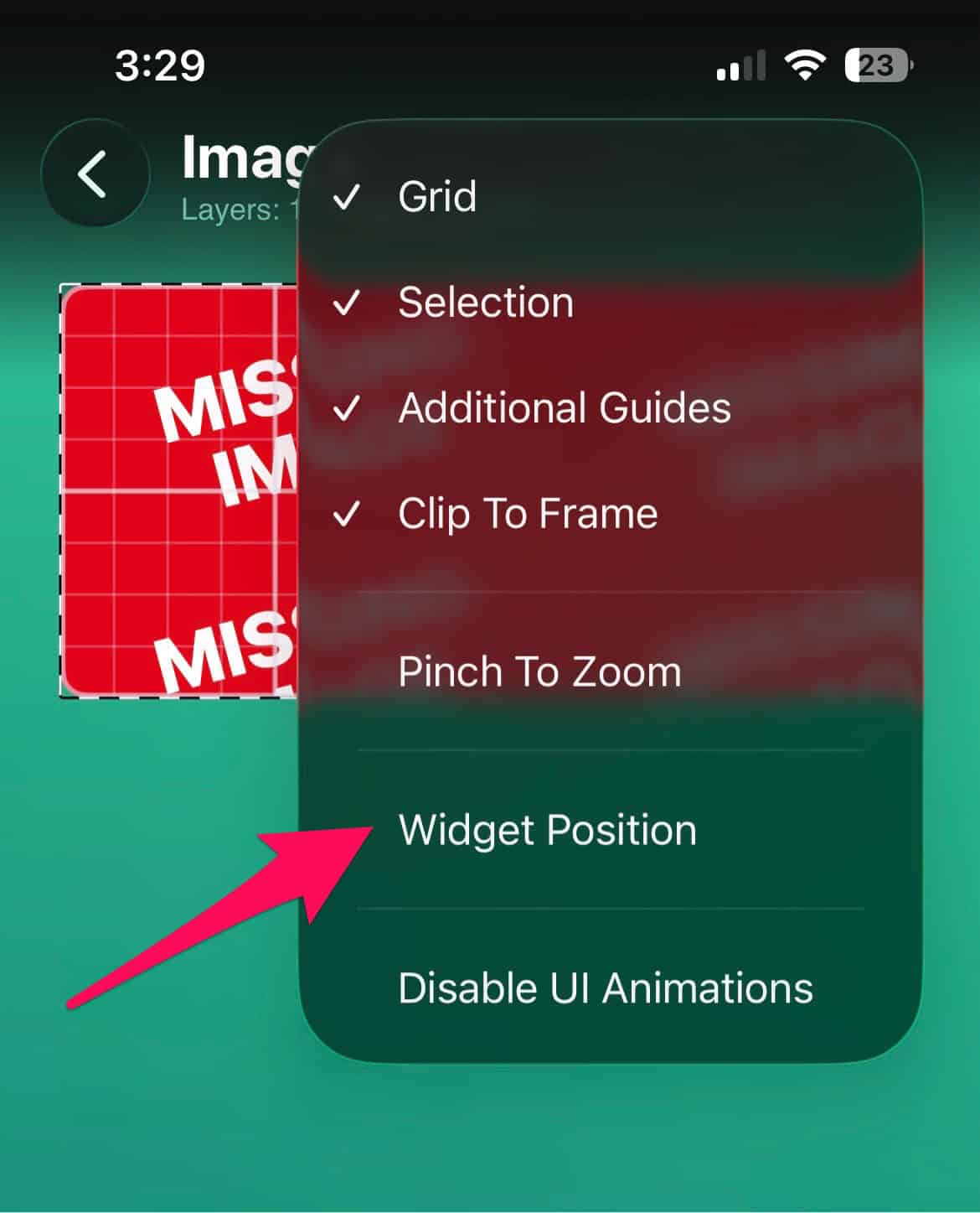 The “Widget Position” option in the Widgy app