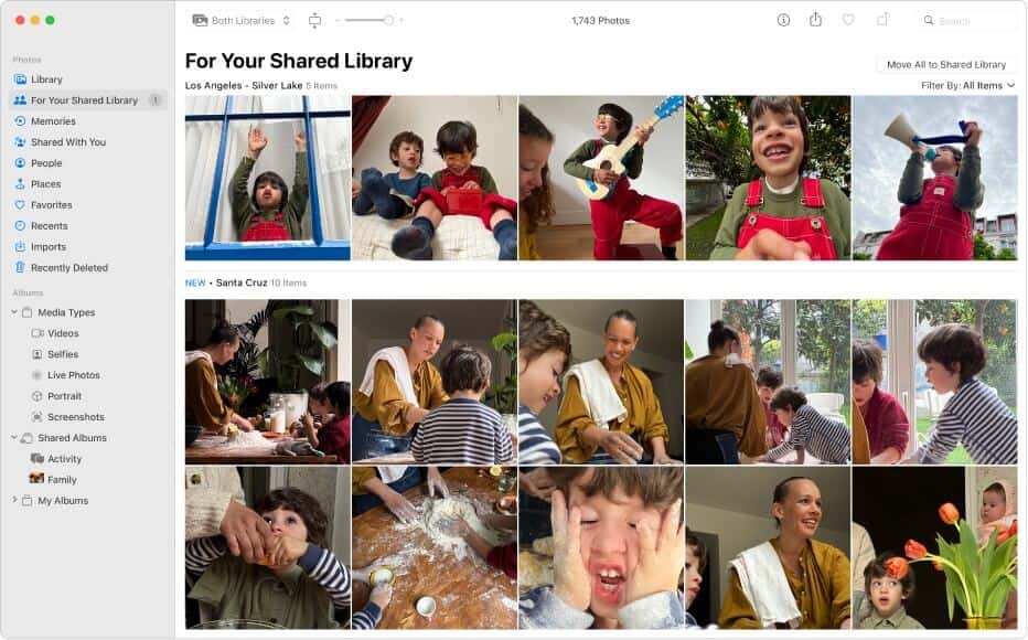 Photos app displaying “For Your Shared Library” with family photos of children playing and baking, alongside a “Santa Cruz” album section below.