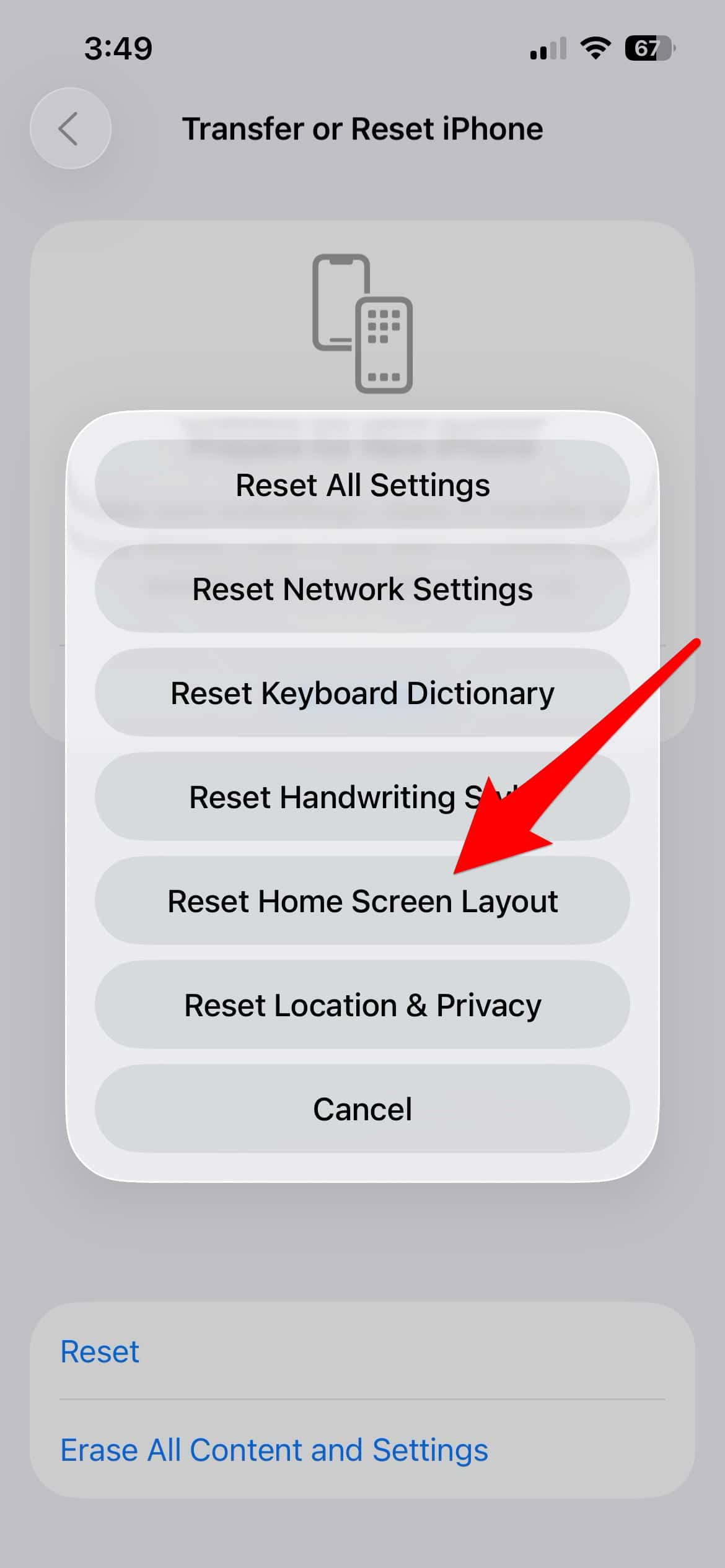 The Reset Home Screen Layout option in iPhone settings
