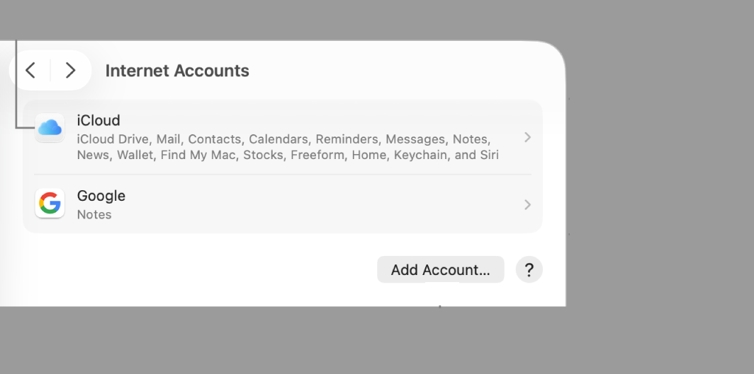 Internet accounts in System Settings on Mac