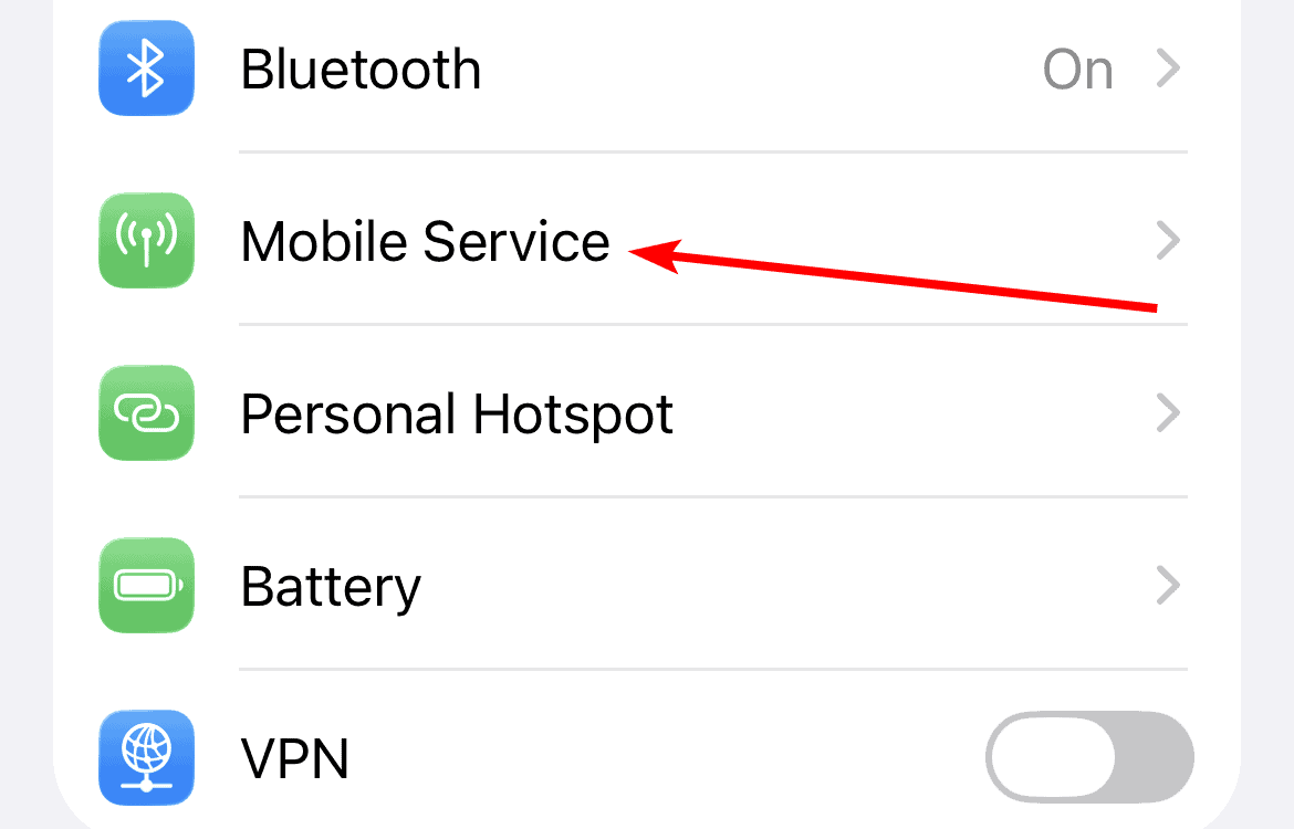 The Mobile Service option in iPhone settings.