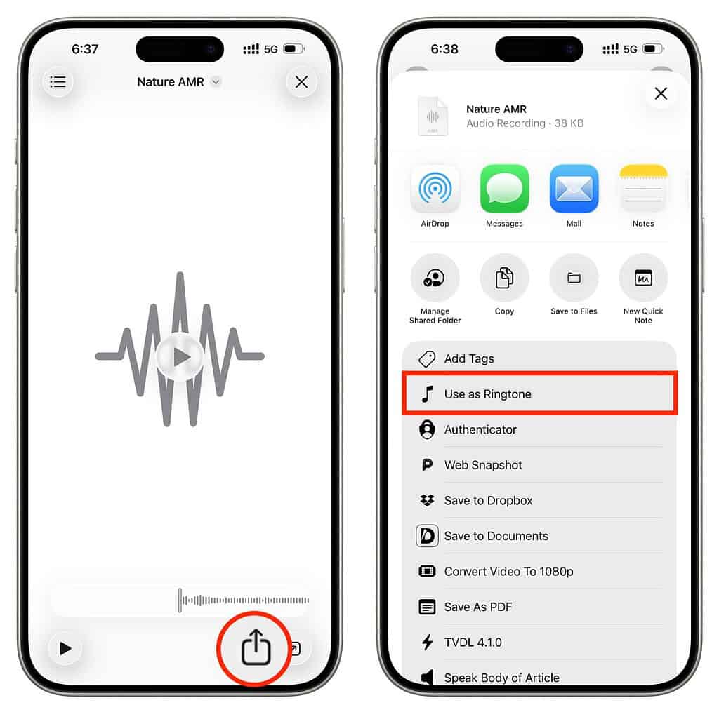 Split-screen iPhone view: left shows audio file “Nature AMR” with share button circled; right shows “Use as Ringtone” highlighted, illustrating how to convert recordings into ringtones.
